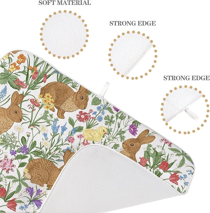 Spring Dish Drying Mat 18x24 Inch Easter Rabbit Bunny Floral Drying Mat Sage - Image 3