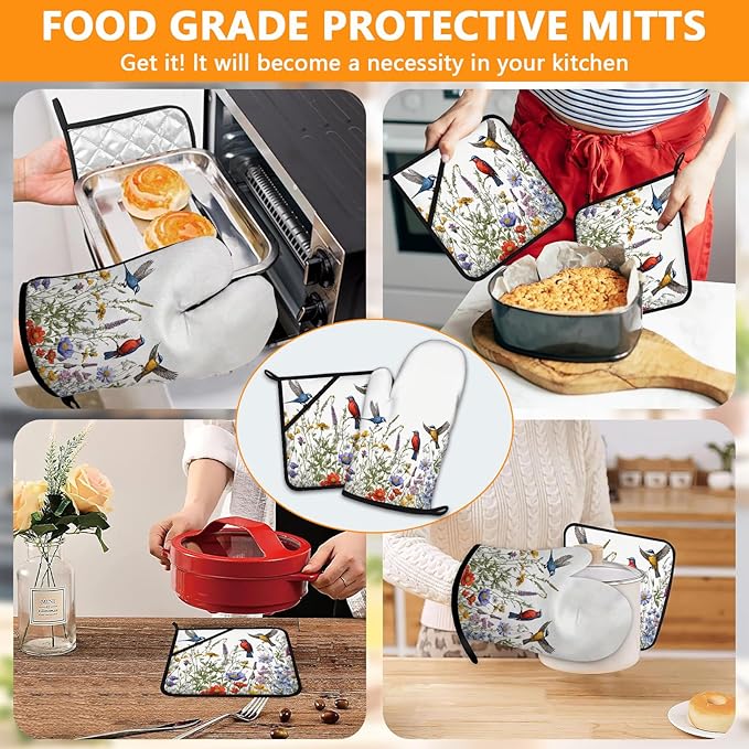 Wildflowers Birds Oven Mitts and Pot Holders Sets 4Pcs, Extra Long Oven Gloves - Image 7