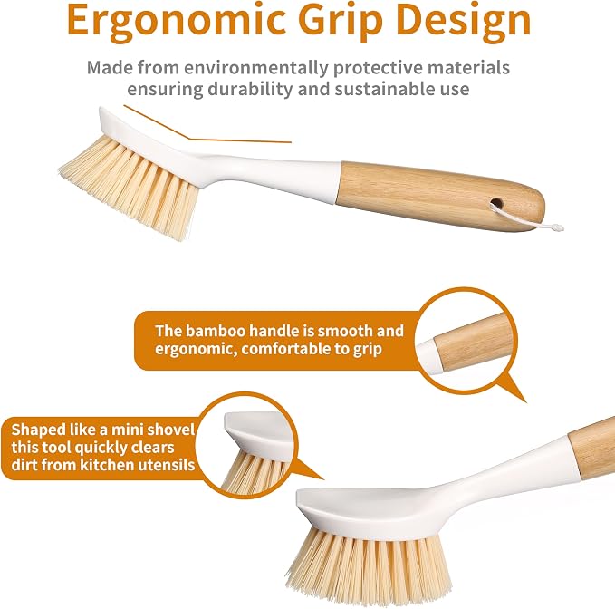 2 Pack Kitchen Dish Brush Bamboo Handle Dish Scrubber Built-in Scraper - Image 4