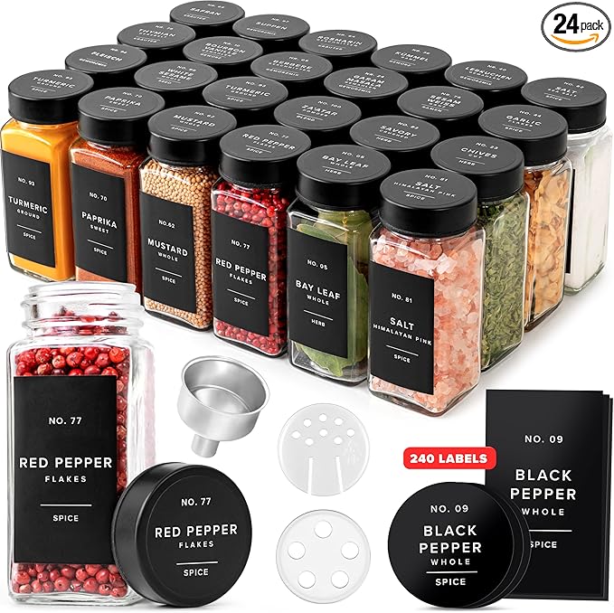 EDELHAUS Glass Spice Jars with Label and Black Lids Spice Containers with 240 by EDELHAUS