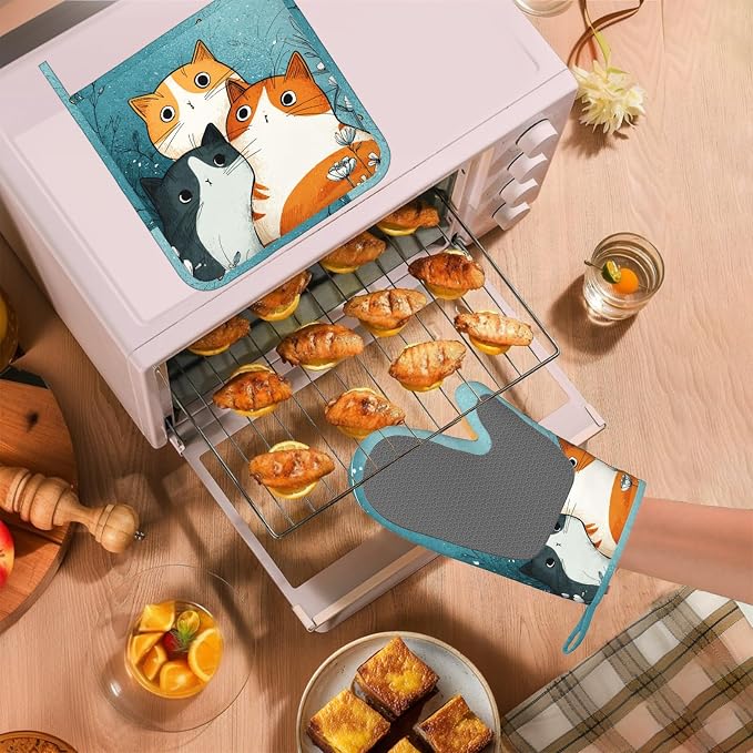 Cute Cartoon Cat Oven Mitts and Pot Holders Sets Funny Cat Silicone Heat - Image 5