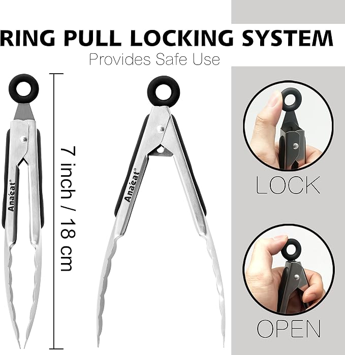 Anaeat 3 Pack 7" Mini Stainless Steel Locking Tongs - Image 6