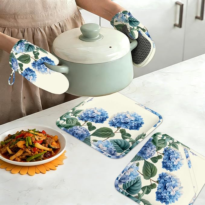 Blue Hydrangea Flower Spring Oven Mitts and Pot Holders Set of 4, Heat - Image 7