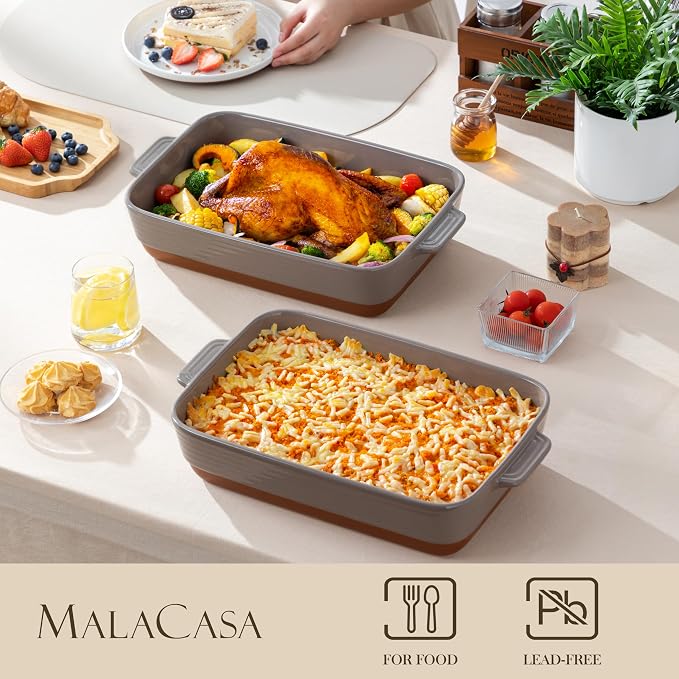 MALACASA 4.8 Qt Lasagne Dishes for Oven, 9 x 13 Inches Brown Ceramic Oven Dish - Image 3