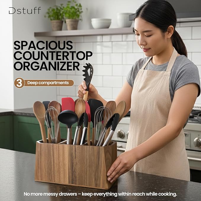Large Kitchen Utensil Holder for Countertop – Acacia Wood Utensil Organizer - Image 6