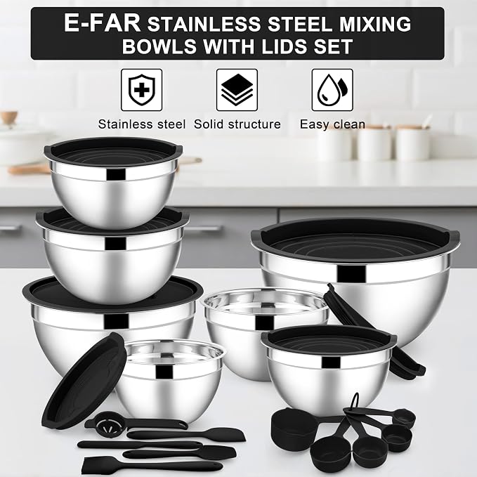 E-far Mixing Bowls with Lids Set, Size 7, Nesting Design & Black Airtight Lid - Image 7