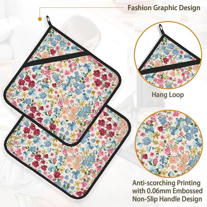 Wild Flowers Floral Meadow Pot Holder Set of 2, Heat Resistant Potholders Oven - Image 4