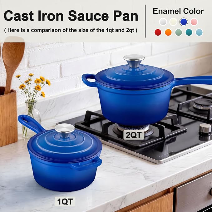2 Pcs Enameled Sauce Pan with Lid, Leonyo 1 Qt & 2 Qt Cast Iron Saucepan Set - Image 5