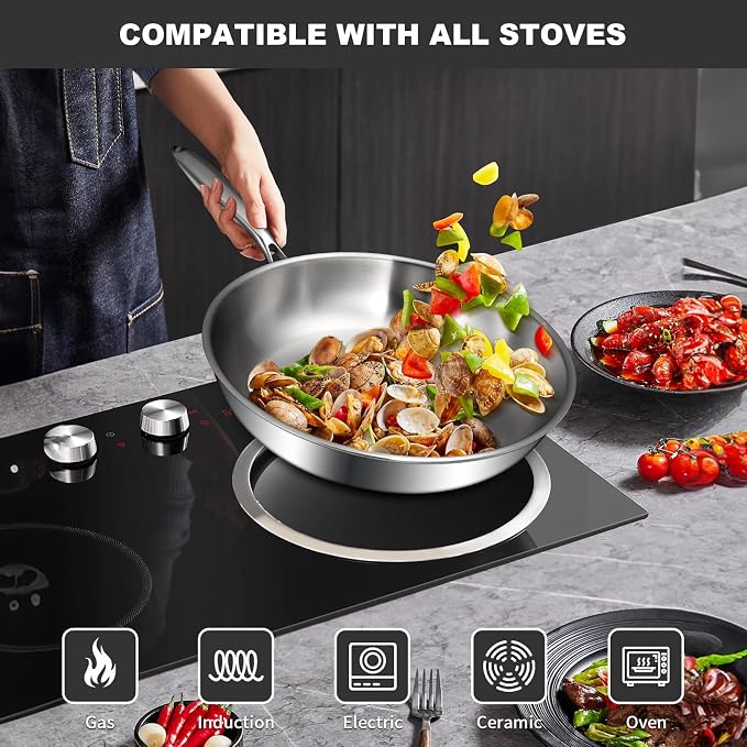 EWFEN Tri-Ply Stainless Steel Frying Pans Set, 8”/10”/12” Cooking pans - Image 5