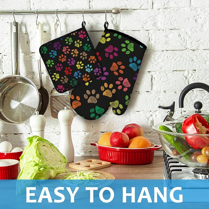 Colorful Paw Print Oven Mitts and Pot Holders Sets Heat Resistant 4Pcs - Image 4