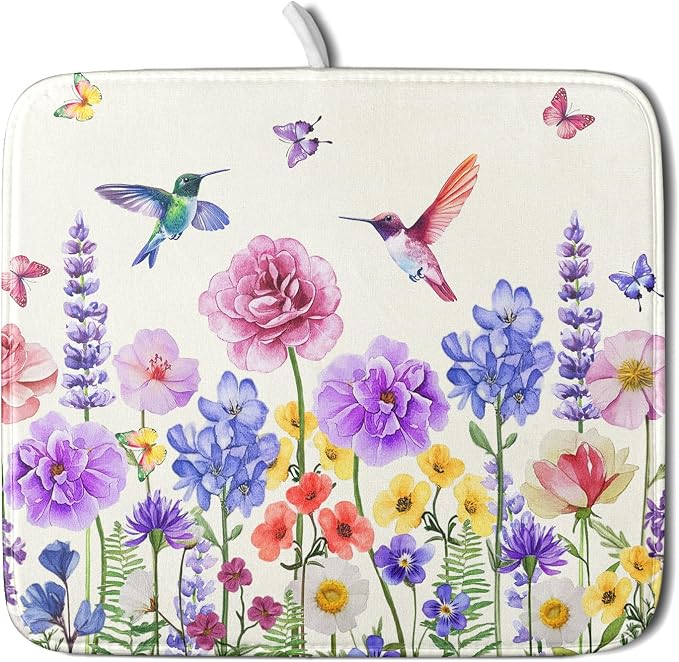 Giwawa Hummingbird Flower Dish Drying Mat 16x18 inch Watercolor Spring Herb by Giwawa