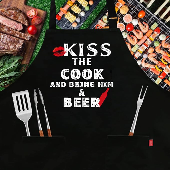 Grilling Apron - KISS THE COOK AND BRING HIM A BEER - Funny BBQ Aprons - Image 2