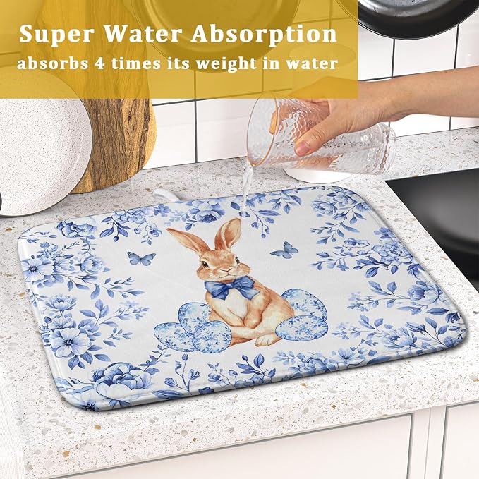 Vintage Microfiber Dish Drying Mat Blue Easter Floral Kitchen Drying Mats - Image 7