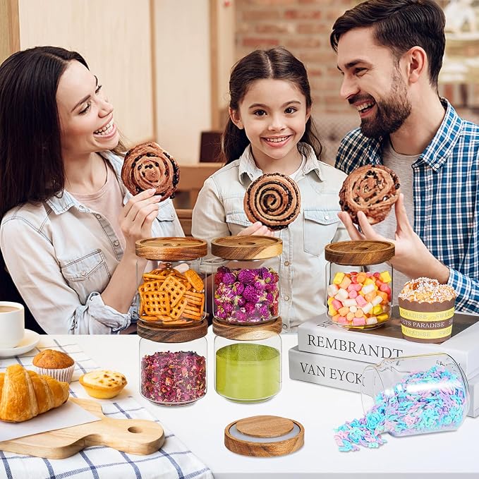 Small Glass Jars with Labels Spice Jar Round Storage Canister with Wooden Lid - Image 5