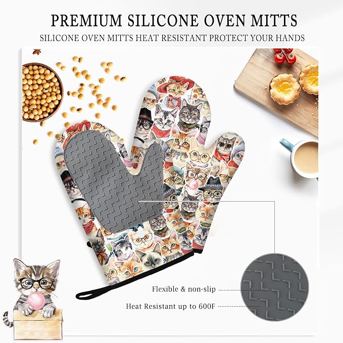 Cute Cat Oven Mitts and Pot Holders Sets 3PCS, Cat Silicone Heat Resistant Oven - Image 4