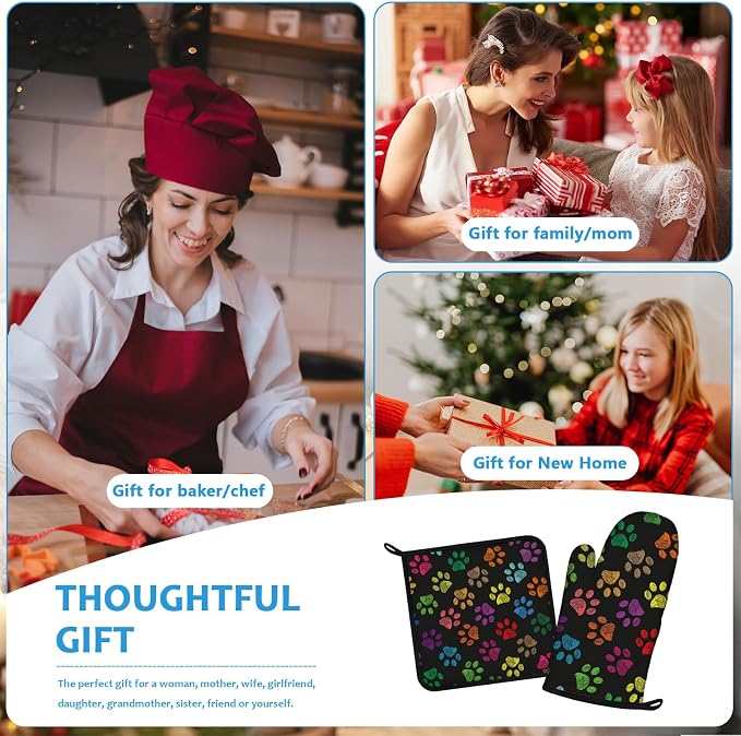 Colorful Paw Print Oven Mitts and Pot Holders Sets Heat Resistant 4Pcs - Image 7