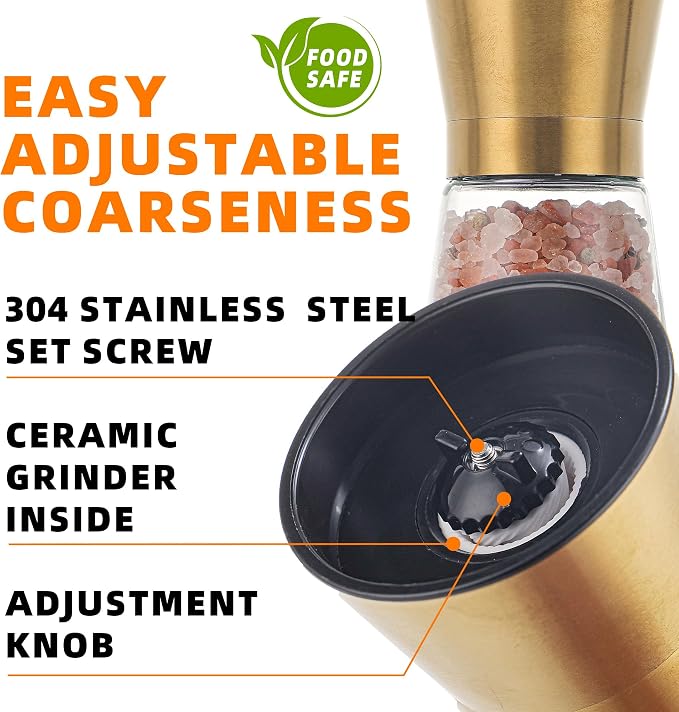 DAVIMADE Premium 2pk Gold Salt and Pepper Grinder Set, Manual Grinder - Image 4