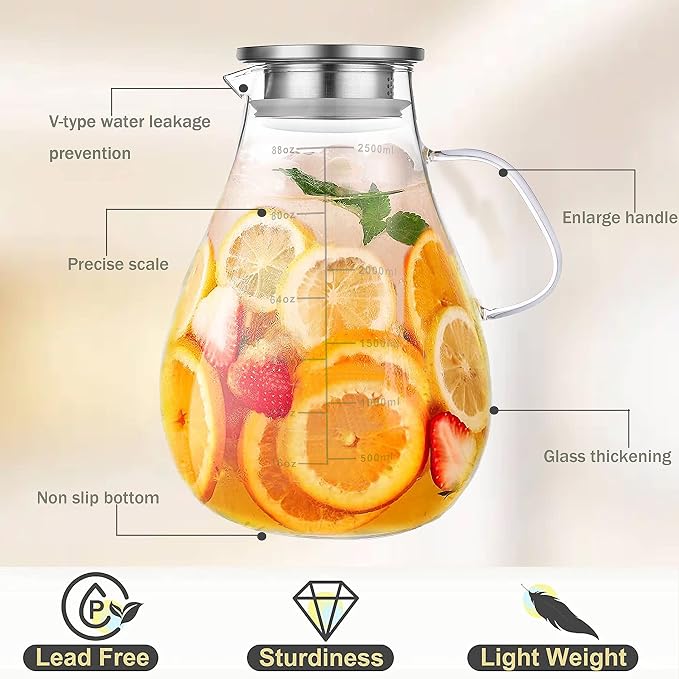 Glass Pitcher with Lid, 88 Ounces -2500ml with Precise Scale Line, Hot/Cold - Image 2