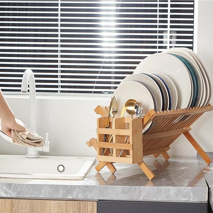 NOVAYEAH Bamboo Dish Drying Rack-2 Tier, Collapsible Small Dish Rack - Image 3