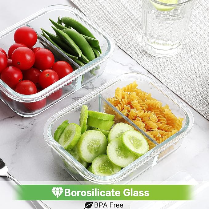 HOMBERKING 10 Pack 24oz Glass Meal Prep Containers 2 Compartment, Glass Food - Image 6