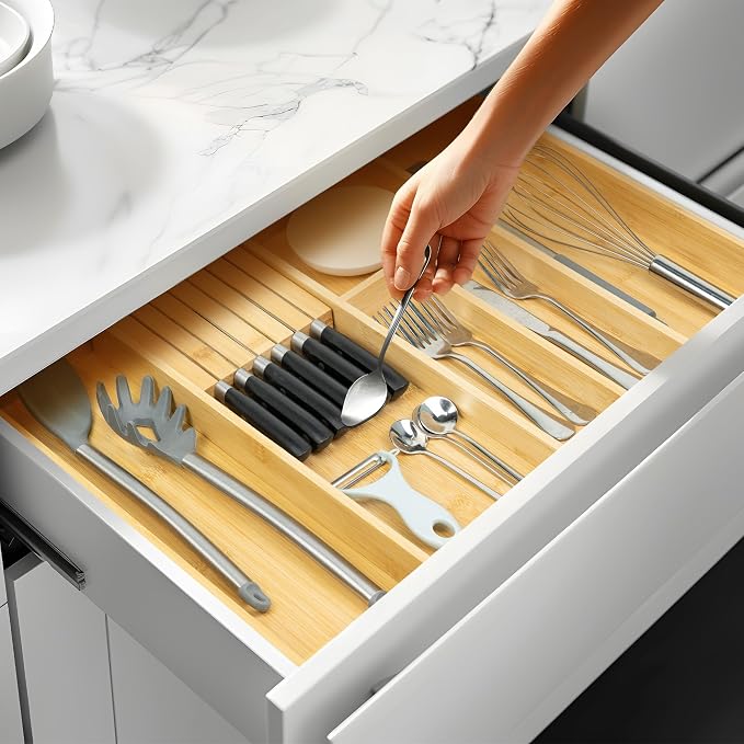 VaeFae Bamboo Kitchen Drawer Organizer, Utensil Tray - Image 3