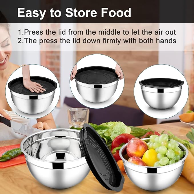 E-far Mixing Bowls with Lids, 6-Piece Stainless Steel Salad Bowls Metal Nesting - Image 7
