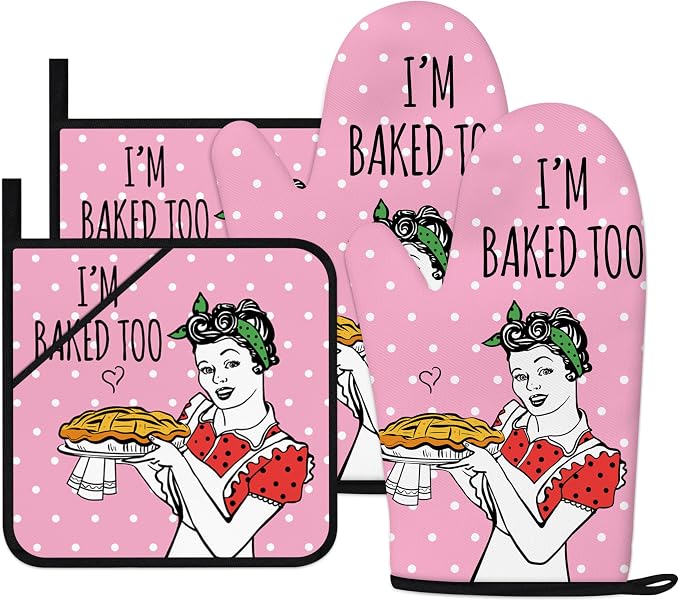 Funny Oven Mitts and Pot Holders Sets Pink Kitchen Accessories Cute Kitchen by HAISUKA