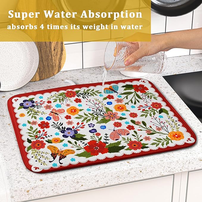 Flowers Printed Dish Drying Mat Floral Coffee Mat - Image 7