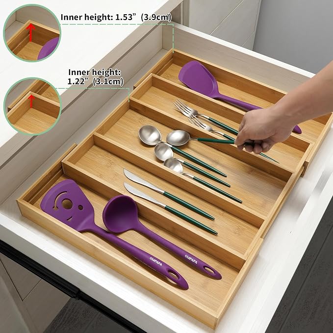 Utoplike Bamboo Expandable Kitchen Drawer Organizer, Adjustable Utensil Holder - Image 2