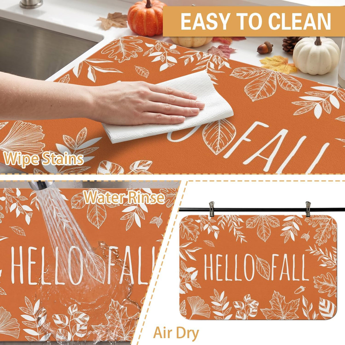 Fall Dish Drying Mat Autumn Decor Kitchen Countertop,Super Absorbent