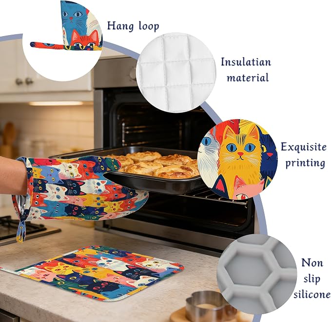 Colourful Cats Oven Mitts and Pot Holders Sets of 4 Cute Animal Heat Resistant - Image 4