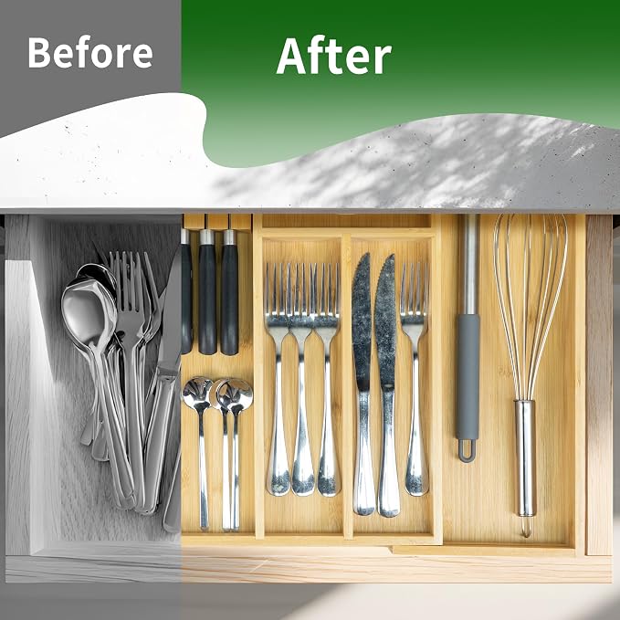 VaeFae Bamboo Kitchen Drawer Organizer, Utensil Tray - Image 5