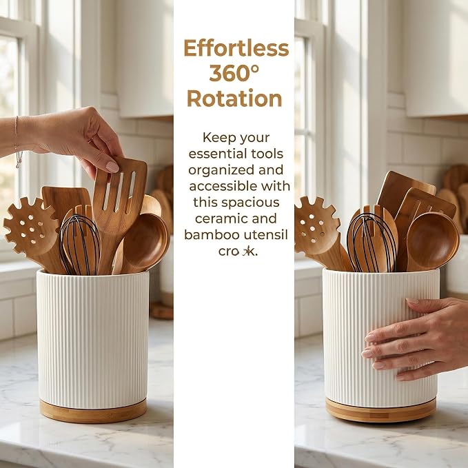 QUELIEN Utensil Holder, 360° Rotating Ceramic Kitchen Utensil Holder - Image 5