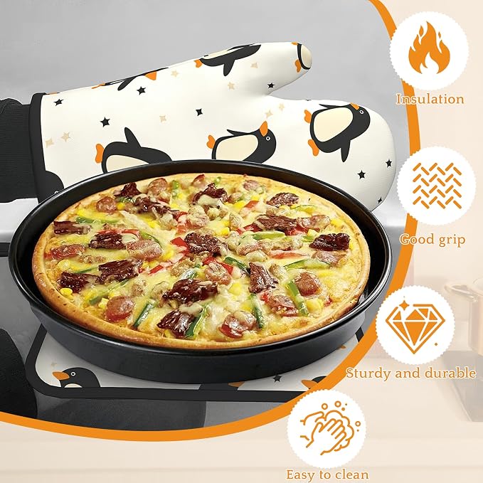 Cute Penguin Oven Mitts and Pot Holders Set, Kitchen Decor Heat Resistant Non - Image 4