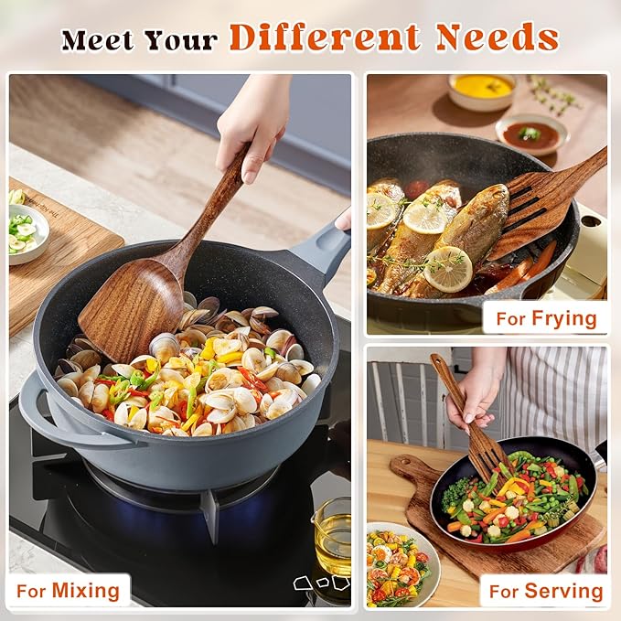 2Pcs Wooden Spatula, Acacia Solid & Slotted Turner Spatula Set, Long Handle - Image 7