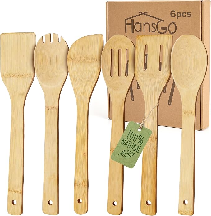 HANSGO Bamboo Kitchen Utensils Set – 6-Piece Wooden Cooking Set by HansGo