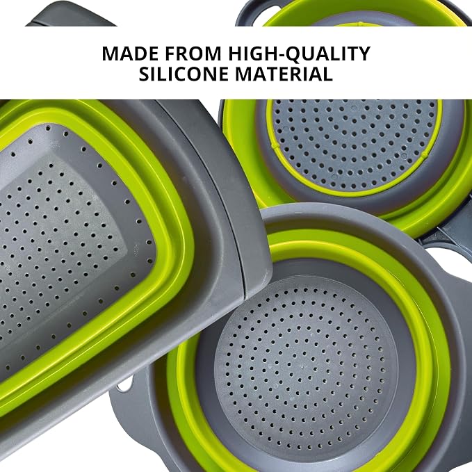 3PCS Green Foldable Kitchen Strainer Set – Silicone Colander Collapsible - Image 3