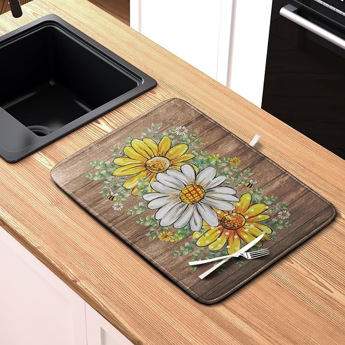 Rustic Daisy Floral Dish Drying Mat - Image 6