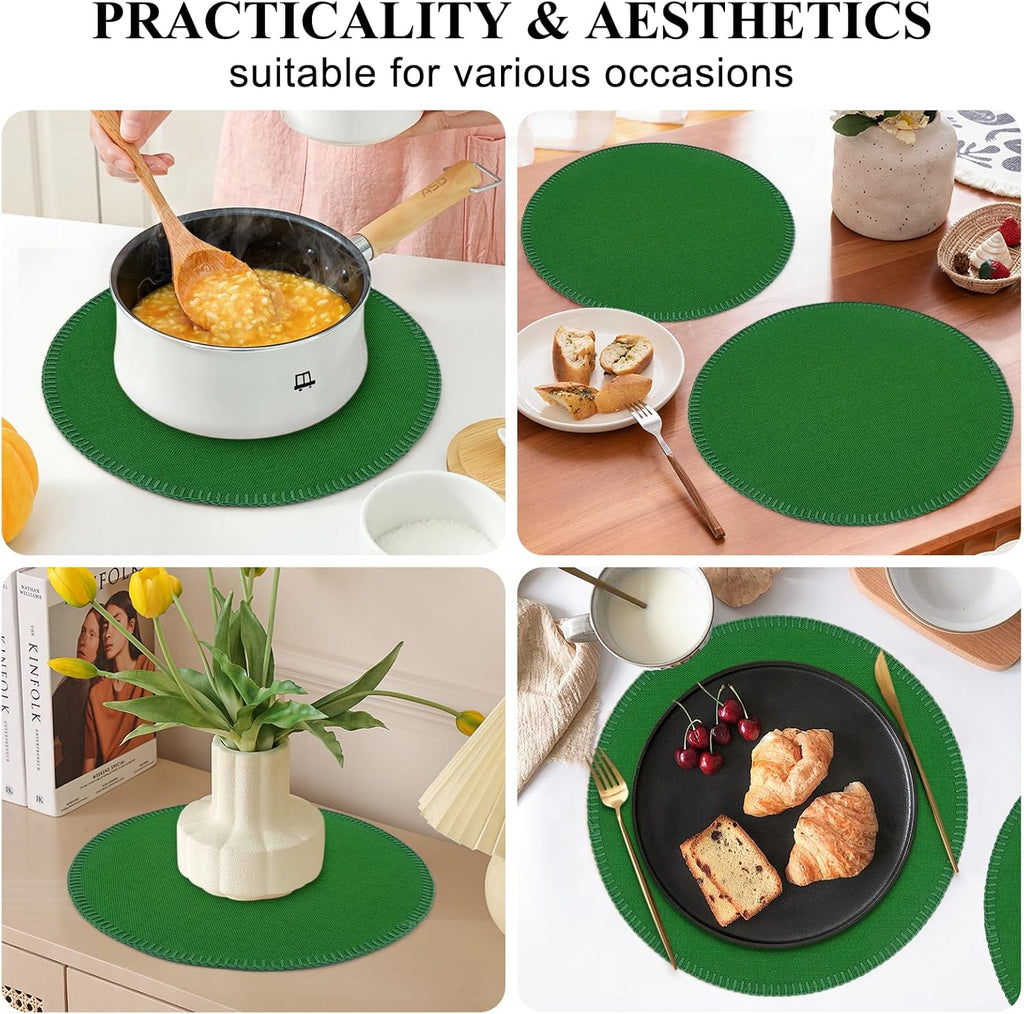 15" Round Placemats Set of 6, Faux Linen Cloth Place Mats, Green