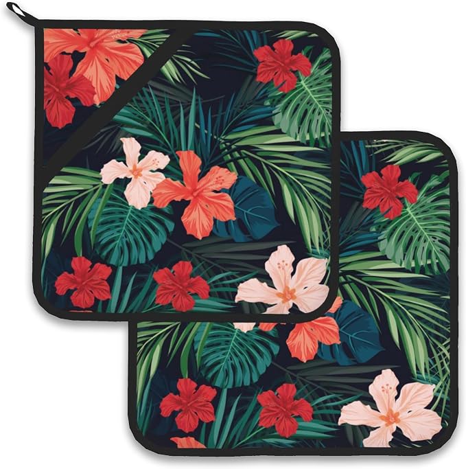 Tropic Hawaiian Hibiscus Flower Pot Holder Set of 2, Heat Resistant Potholders by Larkverk