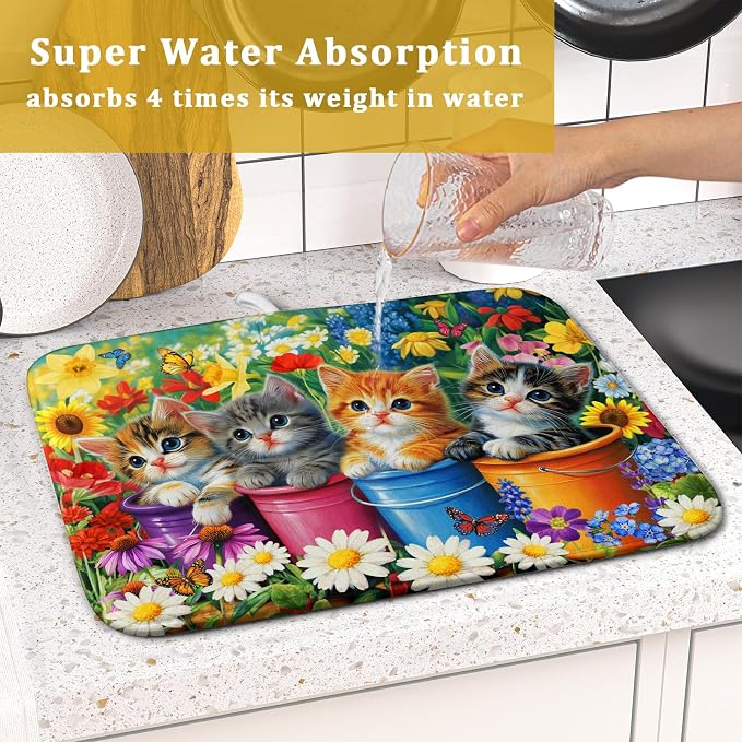 Funny Absorbent Dish Drying Mat Spring Cat Dish Drying Mats - Image 7