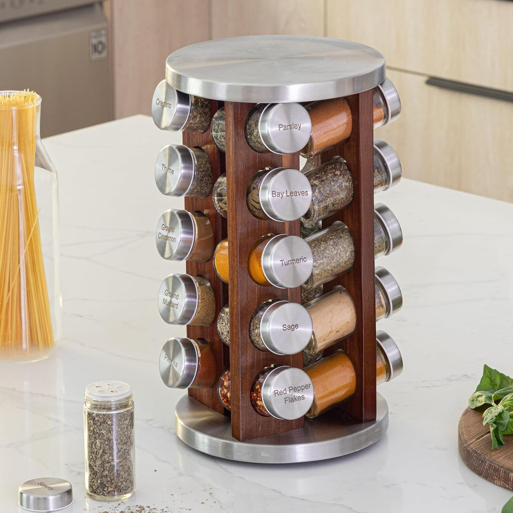 20 Jar Rotating Dark Acacia Wood Spice Rack with Spices Included &