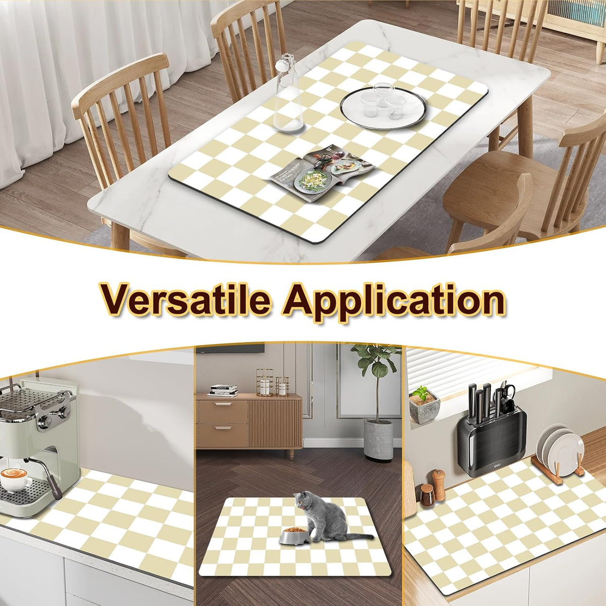 Checkered Dish Drying Mat for Kitchen, 16'' x 24'' Coffee Bar Mat for
