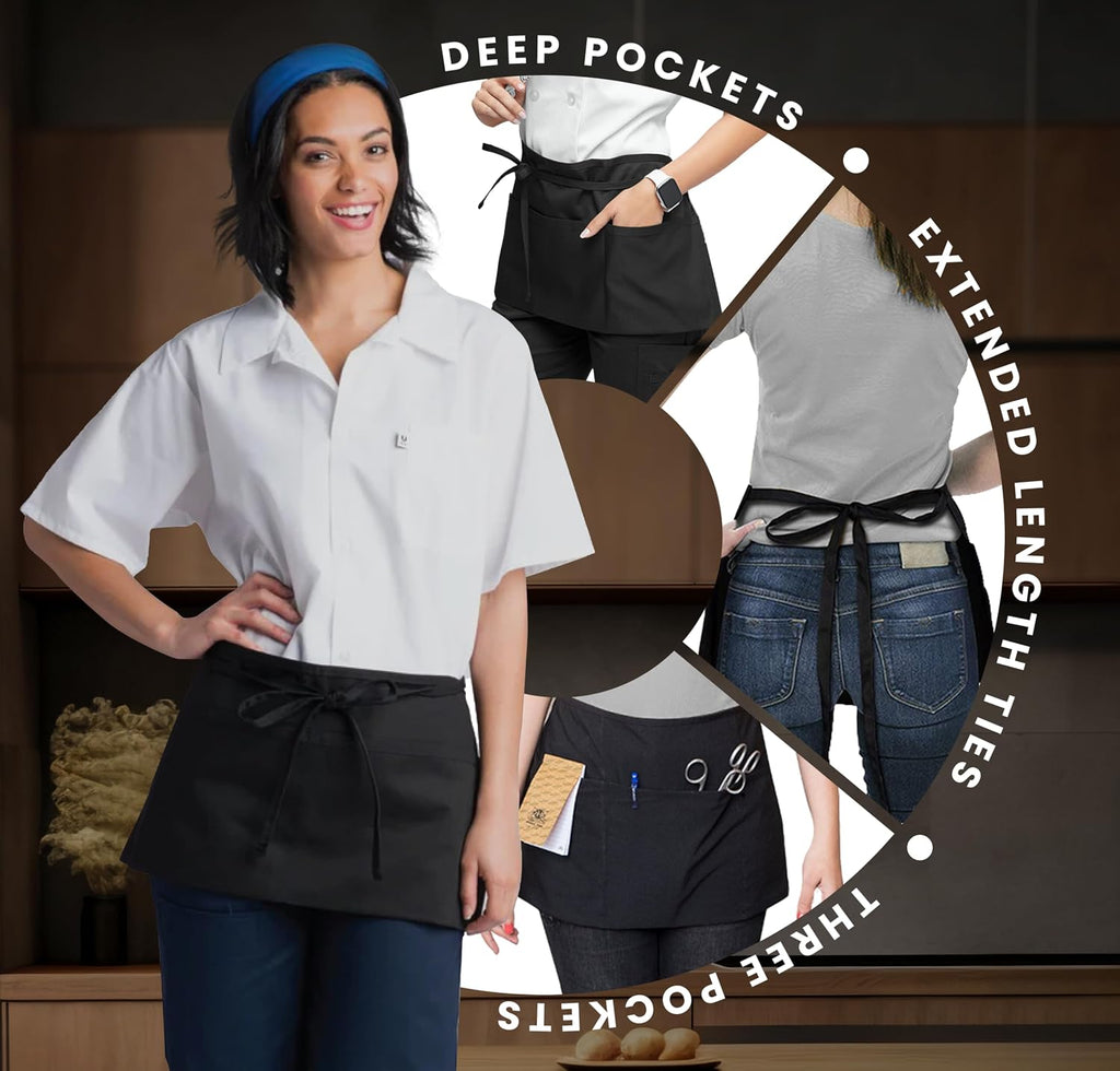 Server Aprons with 3 Pockets – 100% Polyester Waist Apron, 24x12 Inch