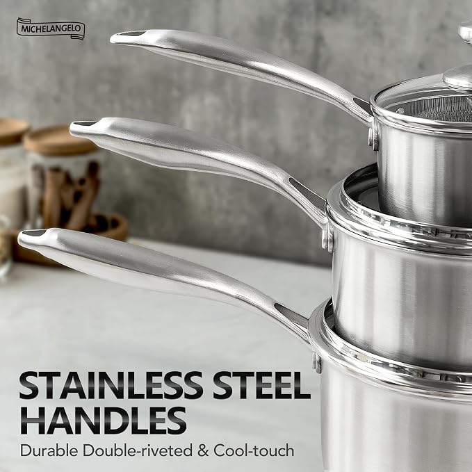 MICHELANGELO Triply Stainless Steel Pot Set, Hybrid Nonstick Saucepan Set - Image 5