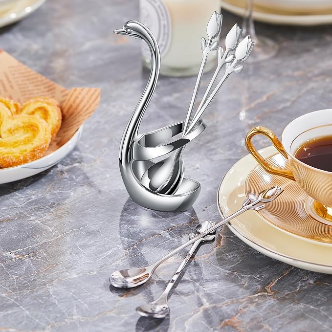 Silver Small Coffee Spoon Holder Set, Swan Base - Image 9