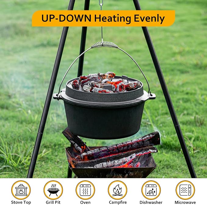 Velaze 10QT Camping Dutch Oven, Pre-Seasoned Cast Iron Camp Dutch Oven Pot - Image 4