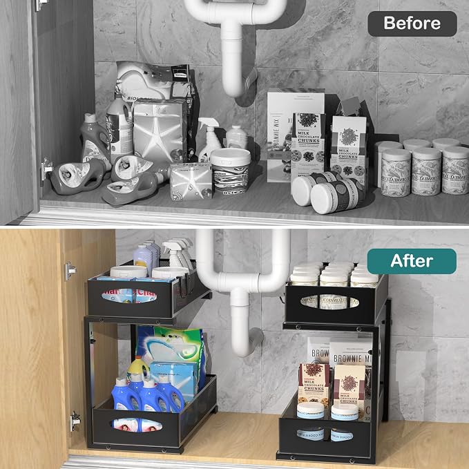 Housolution 2 Pack Under Sink Organizer, 2 Tier Metal Pull Out Under Sink - Image 3