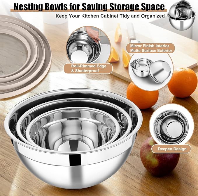 E-far Mixing Bowls with Lids and Graters, Stainless Steel Salad Mixing Bowl - Image 4