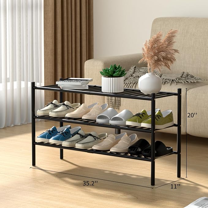 ROMGUAR CRAFT 3-Tier Bamboo Long Shoe Rack, Free Standing Wood Shoe Shelf - Image 3